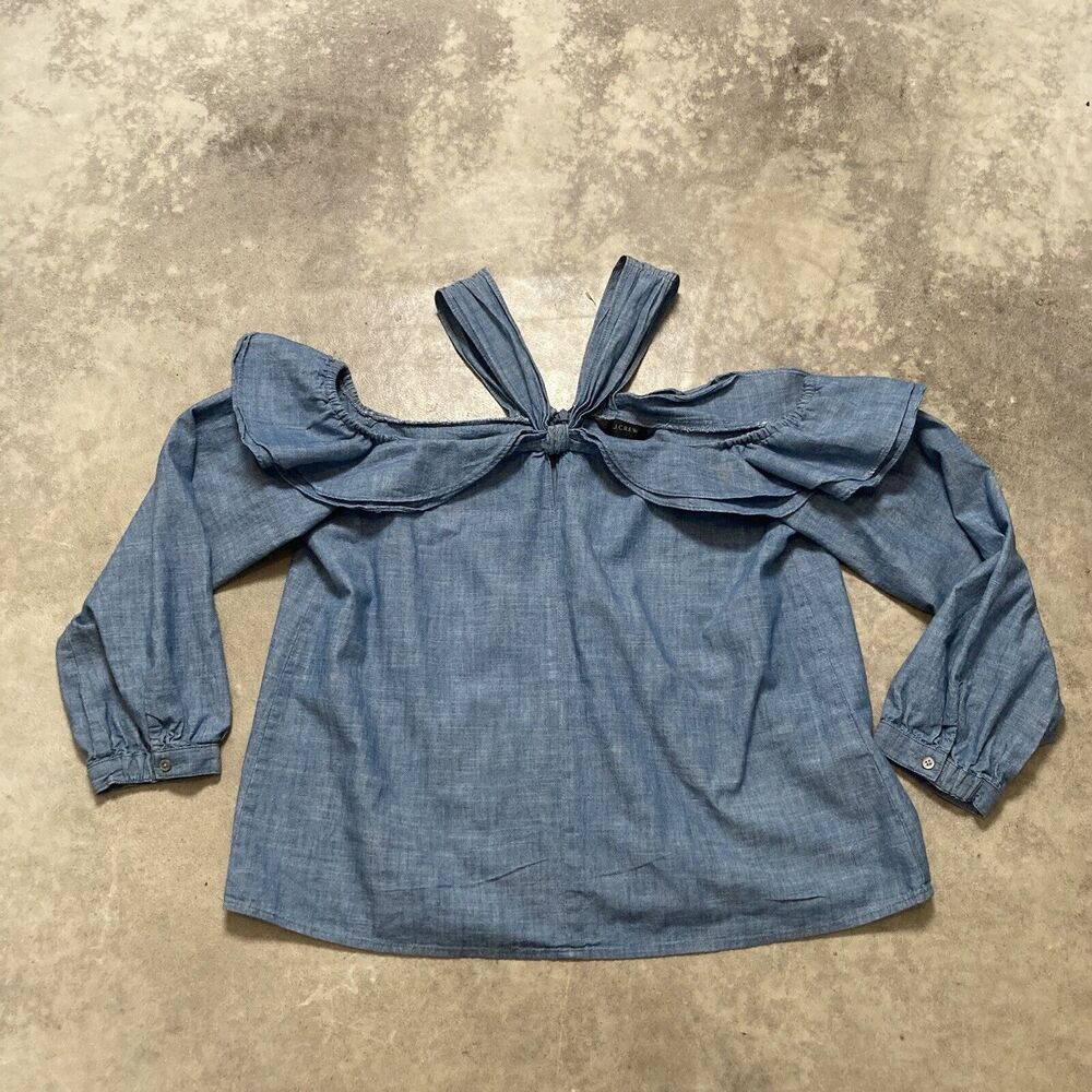 J.‎ Crew Shirt Womens 12 Blue Off the Shoulder Tie Neck Chambray Blouse